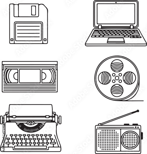 Line art icons isolated on white background representing old tech and media