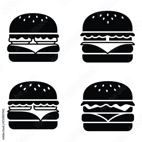 Four distinct burger icons representing fast food deliciousness and classic american diner menu choices offering savory options silhouette