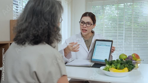 Nutrition consultants provide relaxed guidance on senior nutrition plans with AI charts, personalized recommendations, and a bowl of fresh fruits and vegetables to support a balanced diet.