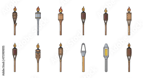 Set of various burning torch icons isolated on white background.