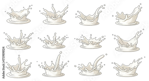 Collection of twelve dynamic milk splash illustrations.