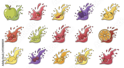 Collection of fresh fruits and berries in colorful juice splashes.