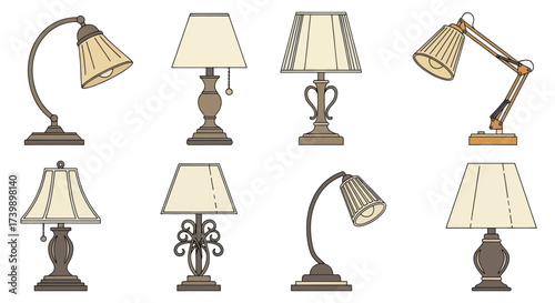 Set of eight different classic and modern table lamps.