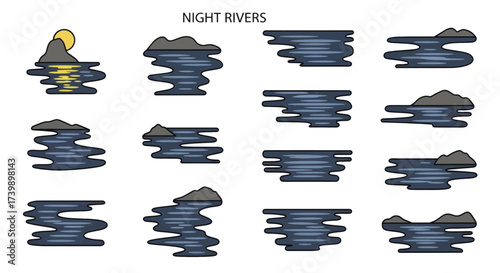 Set of isolated night rivers and water bodies vector illustrations.