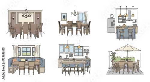 Illustrated Set of Home Dining Areas and Kitchens.