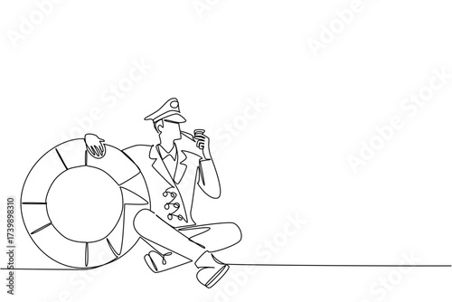 Single continuous line drawing captain of ship sit cross legged on floor smoking tobacco pipe hugs a buoy. Classic style is still cool. Do not Give Up the Ship Day. One line design vector illustration