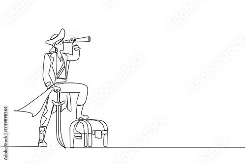 Continuous one line drawing pirate uses monocular holding sword stuck in the ground and treasure chest. Monitoring other gold. Do not Give Up the Ship Day. Single line draw design vector illustration