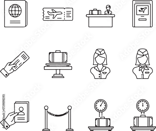 Airport elements isolated on white background in a line art style