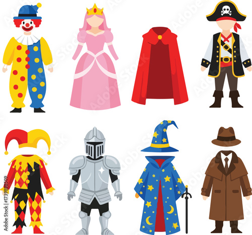 Collection of colorful costume and disguise isolated on white background