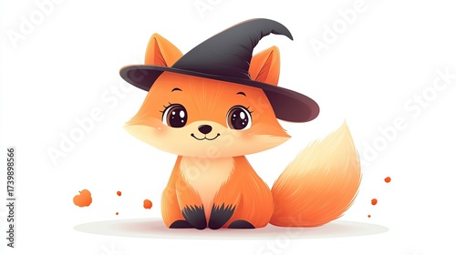 Cute fox in a witch hat, whimsical and playful.