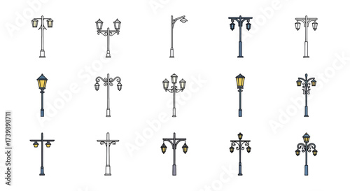 Collection of various street lamps and lampposts icon set.