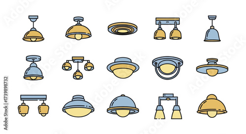 Assortment of Ceiling Light Fixtures Line Art Icons.