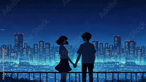Young Couple Holding Hands Gazing at Futuristic City Skyline at Night