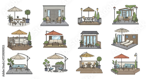 Set of handdrawn illustrations of outdoor patio and deck furniture arrangements.