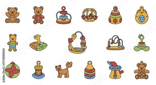 Colorful collection of baby and toddler toy icons.