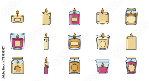 A collection of various aromatic candles in jars and classic forms.