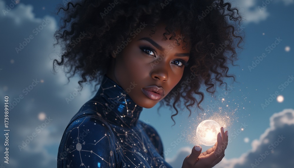 Naklejka premium Woman holding a glowing moon in a starry night sky