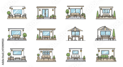 Set of HandDrawn Outdoor Patio and Terrace Designs.