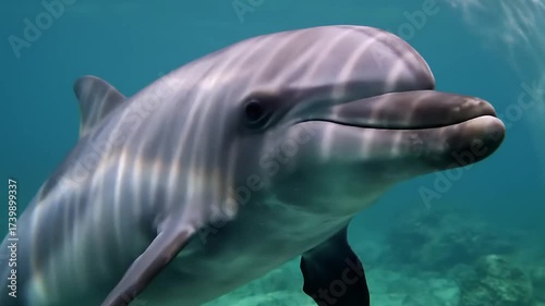 Swimming Dolphin Closeup Underwater in Ocean Turquoise Water