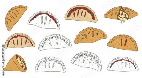 Doodle illustration set of empanadas and calzones with fillings.