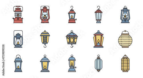 Set of colorful lantern icons in various styles.
