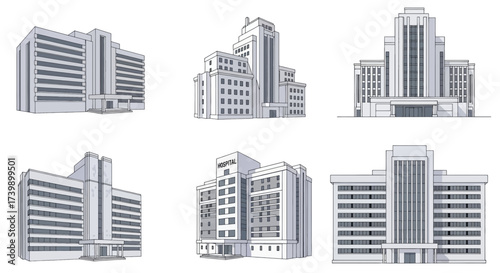 Set of six modern hospital building illustrations isolated on a white background.