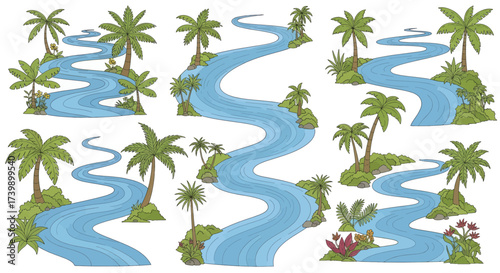 Set of winding tropical rivers with palm trees and jungle plants.