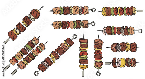 Set of handdrawn barbecue meat and vegetable skewers.