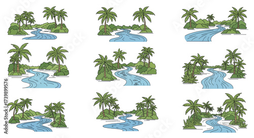 Set of tropical jungle river landscapes with palm trees.