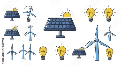 Set of renewable energy icons with solar panels wind turbines and light bulbs.
