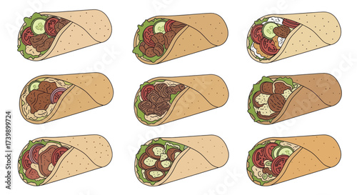 Collection of various delicious shawarma and kebab wraps illustration.