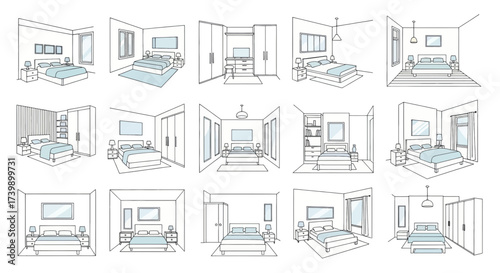 Set of HandDrawn Bedroom Interior Design Sketches.