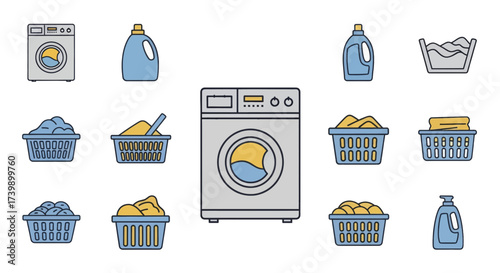 Laundry Icons Set Washing Machine Detergent Basket.