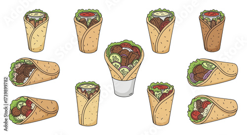 Set of various shawarma doner kebab and falafel wraps.