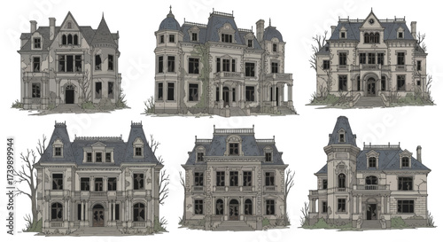 Set of six detailed illustrations of old abandoned haunted mansions.
