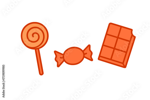 Set of popular sugary snacks including a spiral lollipop, wrapped candy, and partially eaten chocolate bar