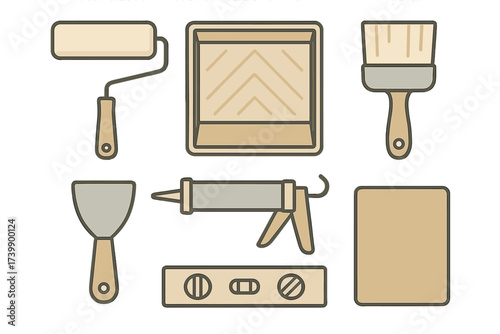 Collection of essential DIY and home improvement tools including paint roller, brush, and caulk gun