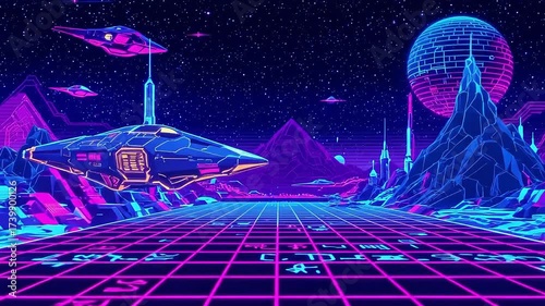 Retro Sci-Fi Landscape with Flying Spaceship Over Grid Neon Cityscape