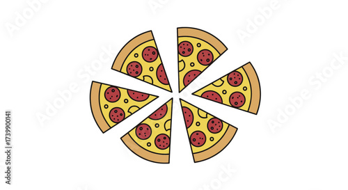 Cartoon illustration of six pepperoni pizza slices isolated on a white background.