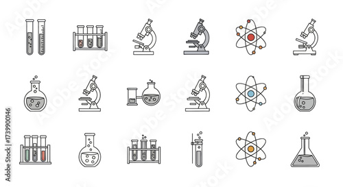 Science and chemistry laboratory equipment icon set.