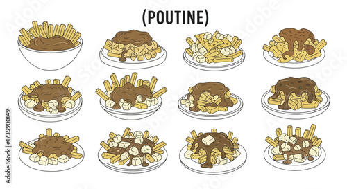 Collection of Canadian Poutine Illustrations with Fries and Gravy.