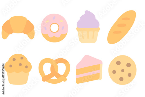 Collection of sweet and savory baked goods like croissant donut cupcake and cookie