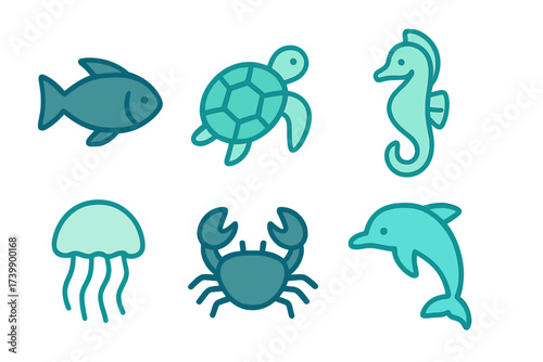 Simple flat design collection of marine animals and ocean life icons