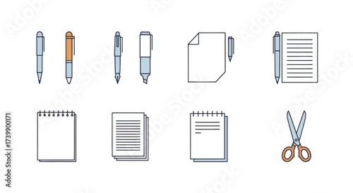 Colorful office and school stationery icon set illustration.