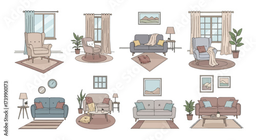 Set of handdrawn cozy living room interior scenes.