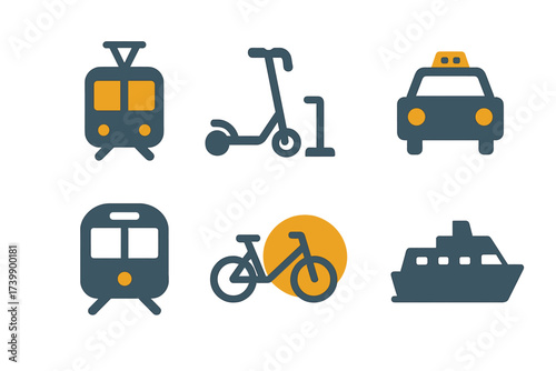 Set of modern transportation icons featuring urban public and private mobility methods