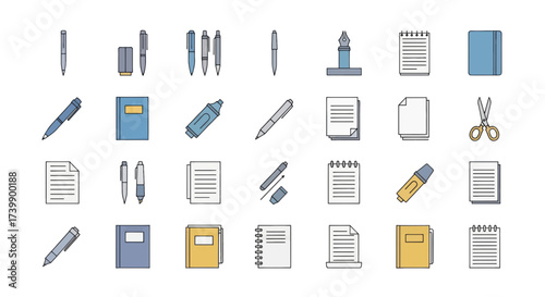 Vector icon set of pens notebooks and office supplies.