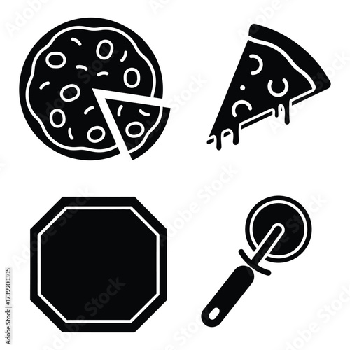 Collection of four black and white pizza icons including a whole pizza pizza slice pizza box and pizza cutter silhouette