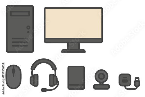 Modern flat design collection of essential desktop computer hardware and accessories
