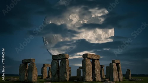 Stonehenge Rocks Under Giant Full Moon Night Sky